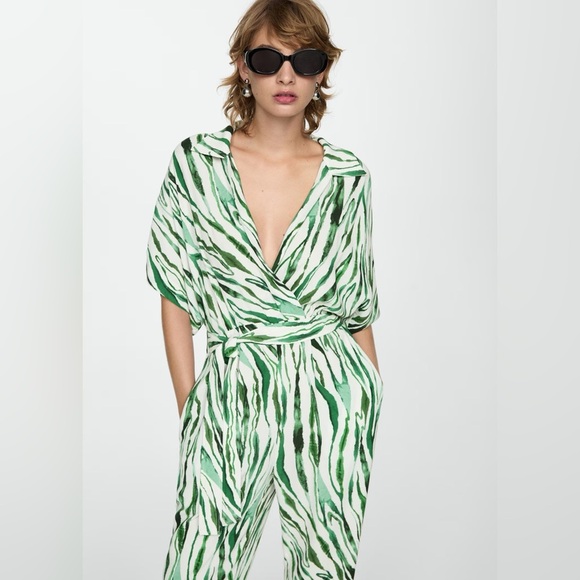 Mango Pants - Mango green and white printed jumpsuit with bow NWT
